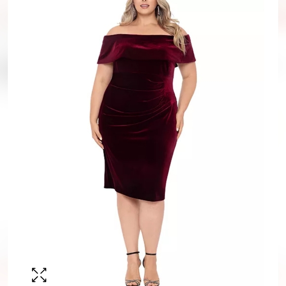 Xscape Off-the-Shoulder Stretch Velvet Side Ruching Short Sleeve Sheath … - Picture 1 of 3